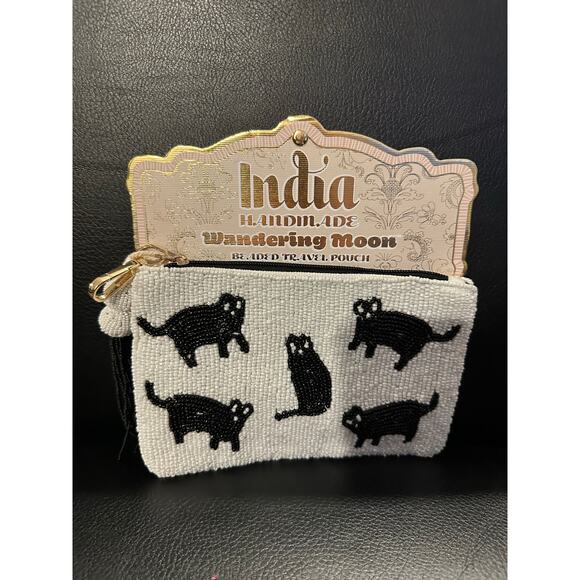 NEW RELEASE - Rare- Handmade in India Black Cat Beaded Travel Pouch Viral TikTok - Picture 1 of 2